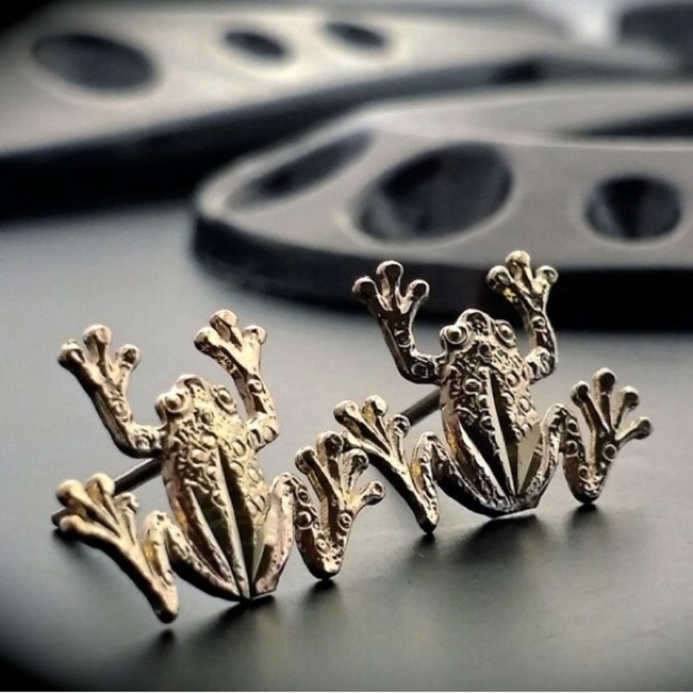 14k Solid Gold Frog Earrings - image 1